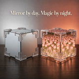 EverPetal tulip infinity lamp shown as a mirror by day and glowing at night