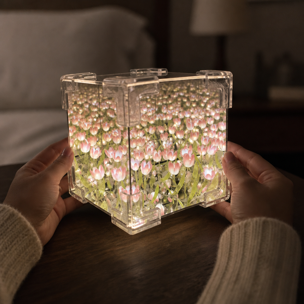 EverPetal tulip infinity lamp held in hand for scale
