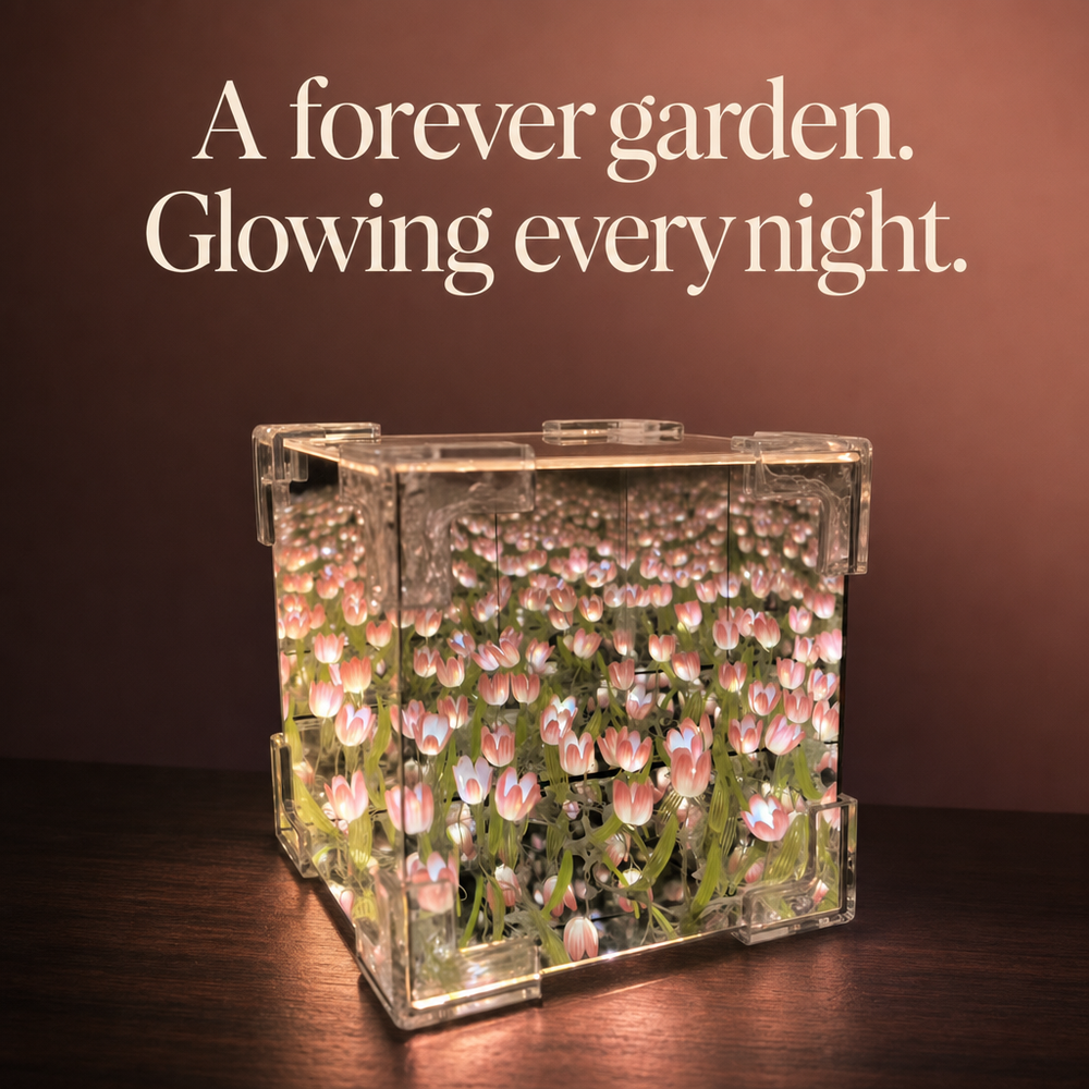 EverPetal infinity lamp filled with glowing forever tulips