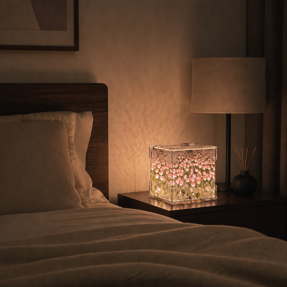 EverPetal tulip infinity lamp lighting a bedroom at night