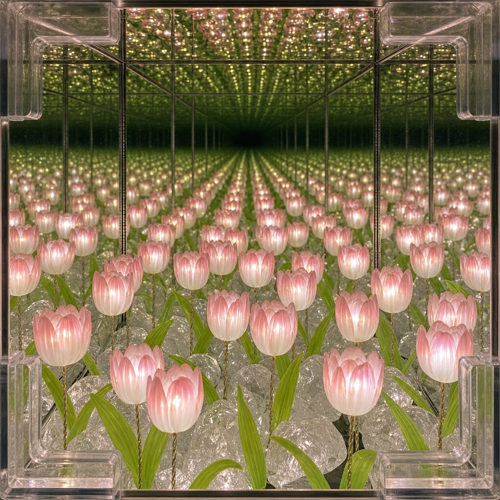 Close up of glowing tulips reflected into an endless field